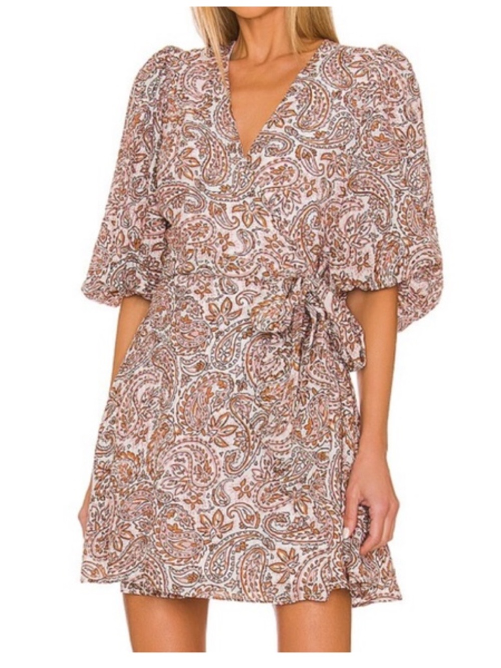 MINKPINK Paisley Wrap Puff Sleeve Feminine Flirty Mini Dress Pink and Cream